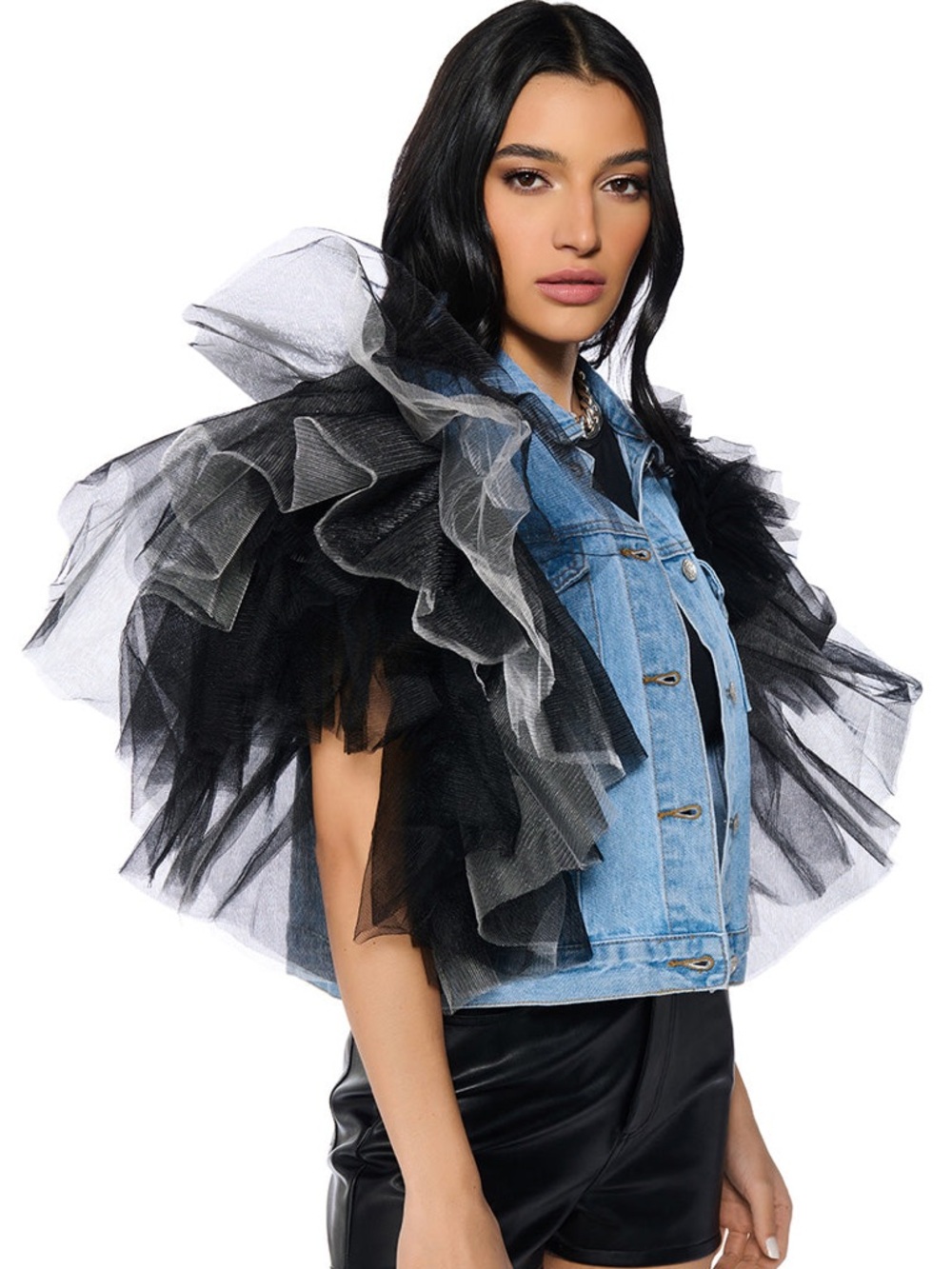 AKIRA Blue Denim Jean Jacket with Black Tulle Ruffled Sleeves - Picture 4 of 11